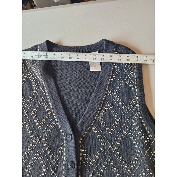 OHI Vintage Knit Vest Womens Size L Beaded Black Button V Neck Ramie Cotton - Picture 9 of 11